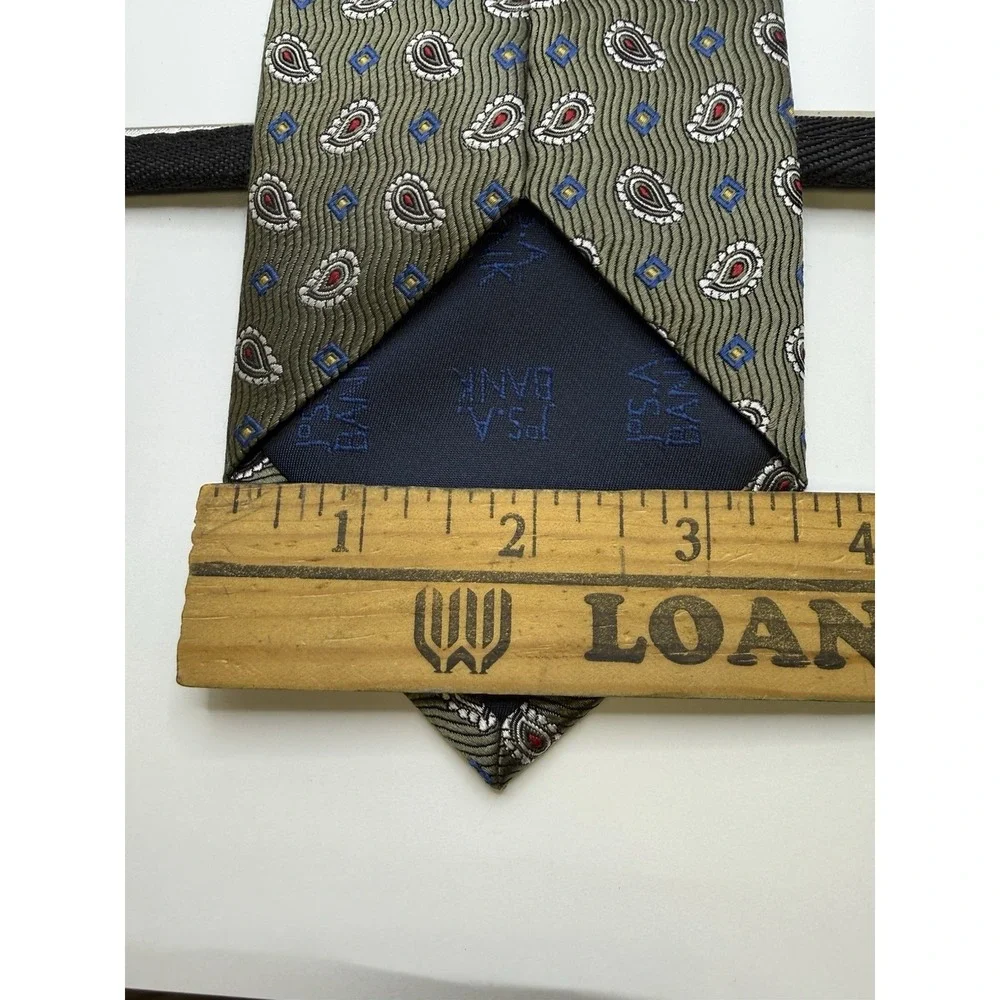 Jos A Bank Tie Silk Italy Olive Paisley Geometric Classic Width 60